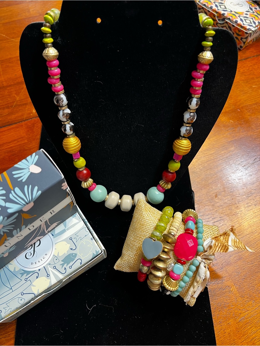 Colorful Beaded Statement Necklace and Bracelet Set - Pink, Green, Gold